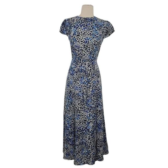 Reiss Livia Cutout Midi Dress Sz 2 Blue Abstract Leg Slit Silky Party Date Night - Picture 3 of 12